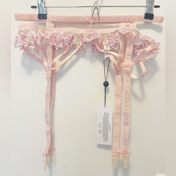For Love & Lemons Pink Bloom Shimmer Cutout Caged Garter Size M - Picture 5 of 10